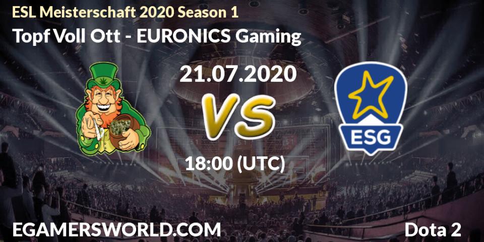 Pronósticos Topf Voll Ott - EURONICS Gaming. 21.07.2020 at 17:44. ESL Meisterschaft 2020 Season 1 - Dota 2