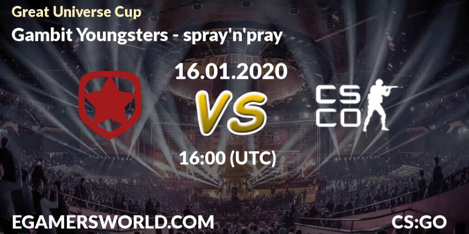 Pronósticos Gambit Youngsters - spray'n'pray. 16.01.20. Great Universe Cup - CS2 (CS:GO)