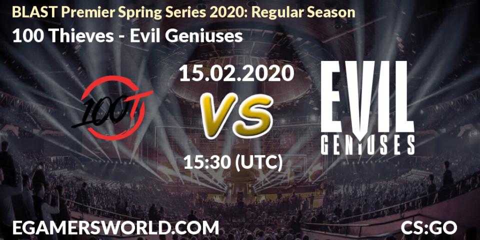 Pronósticos 100 Thieves - Evil Geniuses. 15.02.2020 at 15:30. BLAST Premier Spring Series 2020: Regular Season - Counter-Strike (CS2)