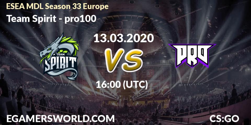 Pronósticos Team Spirit - pro100. 13.03.2020 at 16:00. ESEA MDL Season 33 Europe - Counter-Strike (CS2)