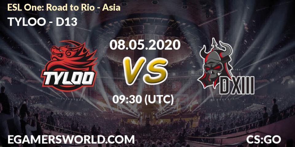 Pronósticos TYLOO - D13. 08.05.2020 at 09:30. ESL One: Road to Rio - Asia - Counter-Strike (CS2)