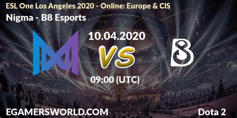Pronósticos Nigma - B8 Esports. 10.04.2020 at 09:00. ESL One Los Angeles 2020 - Online: Europe & CIS - Dota 2