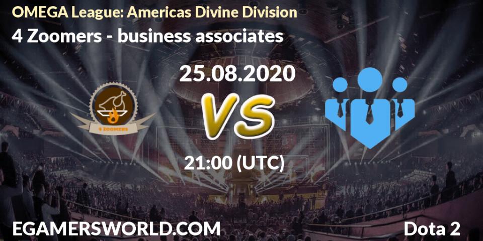 Pronósticos 4 Zoomers - business associates. 26.08.2020 at 20:59. OMEGA League: Americas Divine Division - Dota 2