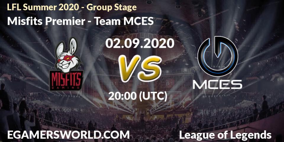 Pronósticos Misfits Premier - Team MCES. 02.09.2020 at 20:00. LFL Summer 2020 - Group Stage - LoL