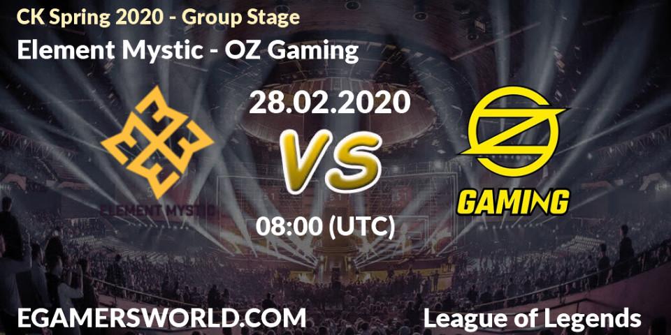 Pronósticos Element Mystic - OZ Gaming. 28.02.2020 at 07:05. CK Spring 2020 - Group Stage - LoL