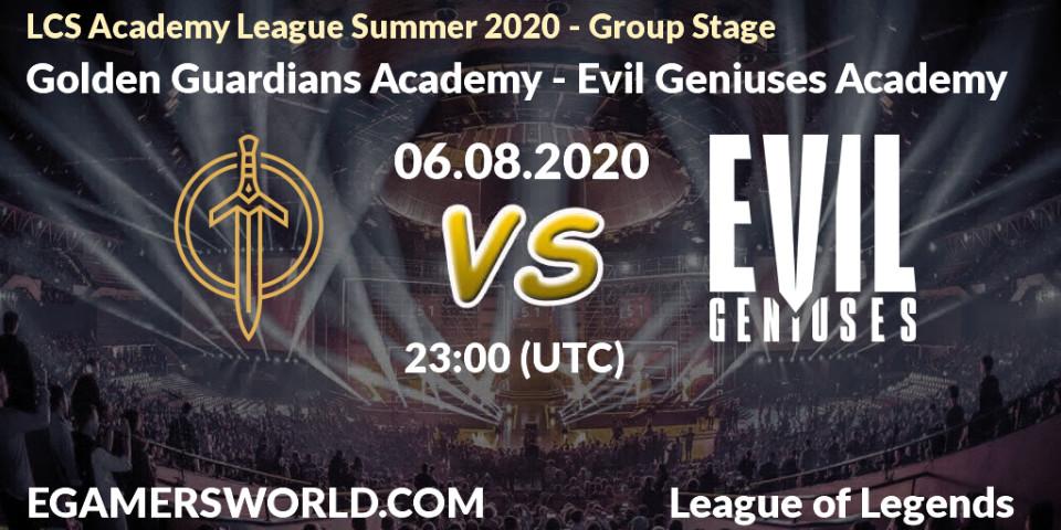 Pronósticos Golden Guardians Academy - Evil Geniuses Academy. 07.08.2020 at 00:00. LCS Academy League Summer 2020 - Group Stage - LoL