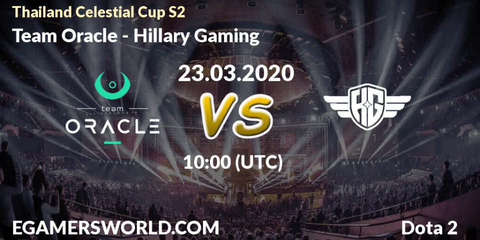 Pronósticos Team Oracle - Hillary Gaming. 23.03.2020 at 10:20. Thailand Celestial Cup S2 - Dota 2