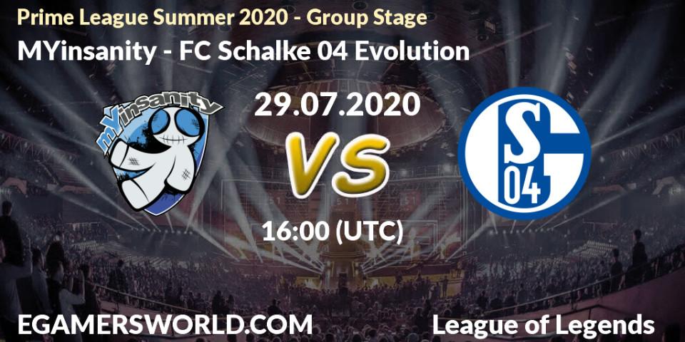 Pronósticos MYinsanity - FC Schalke 04 Evolution. 29.07.20. Prime League Summer 2020 - Group Stage - LoL
