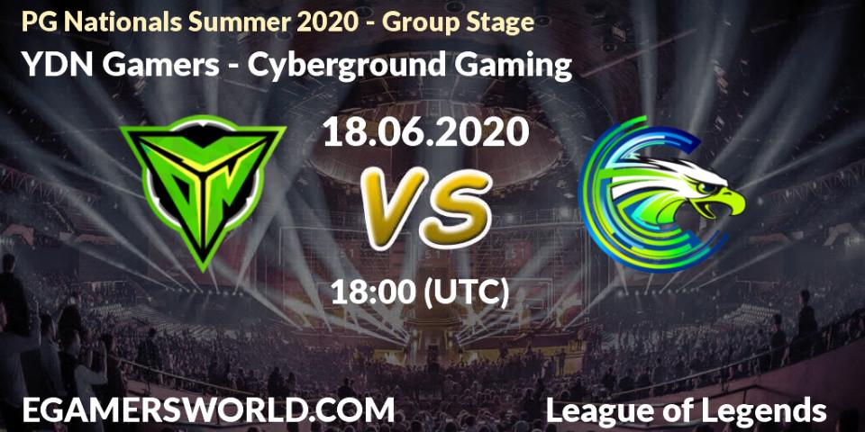 Pronósticos YDN Gamers - Cyberground Gaming. 18.06.2020 at 18:00. PG Nationals Summer 2020 - Group Stage - LoL
