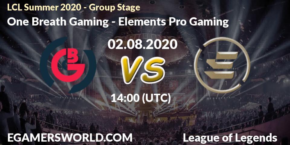 Pronósticos One Breath Gaming - Elements Pro Gaming. 02.08.20. LCL Summer 2020 - Group Stage - LoL