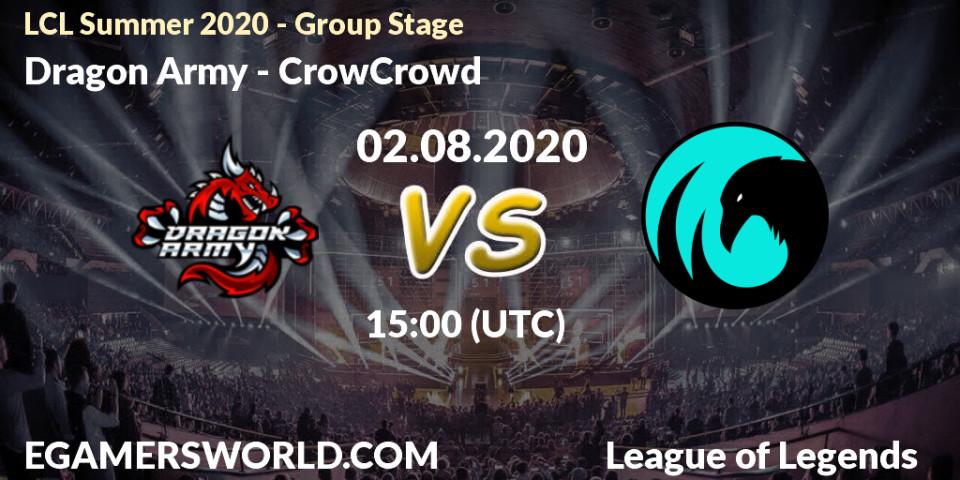 Pronósticos Dragon Army - CrowCrowd. 02.08.2020 at 15:00. LCL Summer 2020 - Group Stage - LoL