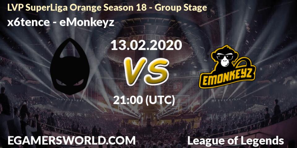 Pronósticos x6tence - eMonkeyz. 13.02.2020 at 21:00. LVP SuperLiga Orange Season 18 - Group Stage - LoL