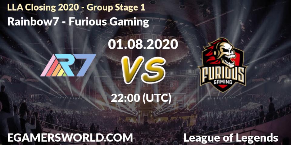 Pronósticos Rainbow7 - Furious Gaming. 01.08.2020 at 22:00. LLA Closing 2020 - Group Stage 1 - LoL