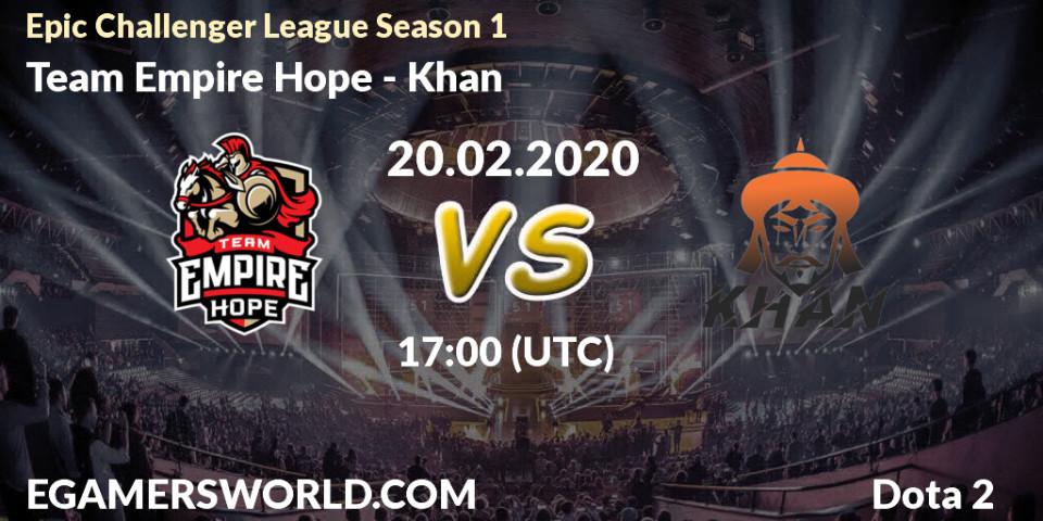 Pronósticos Team Empire Hope - Khan. 03.03.2020 at 12:01. Epic Challenger League Season 1 - Dota 2