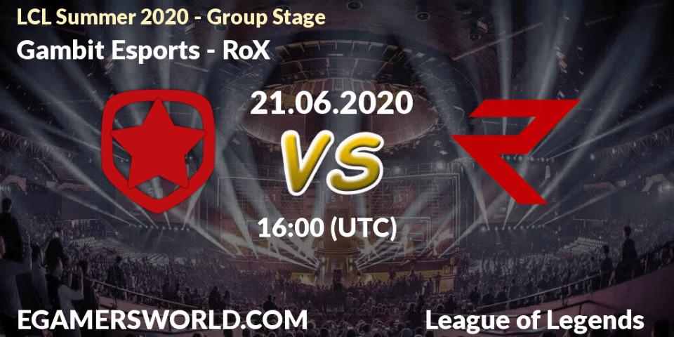 Pronósticos Gambit Esports - RoX. 21.06.2020 at 16:00. LCL Summer 2020 - Group Stage - LoL