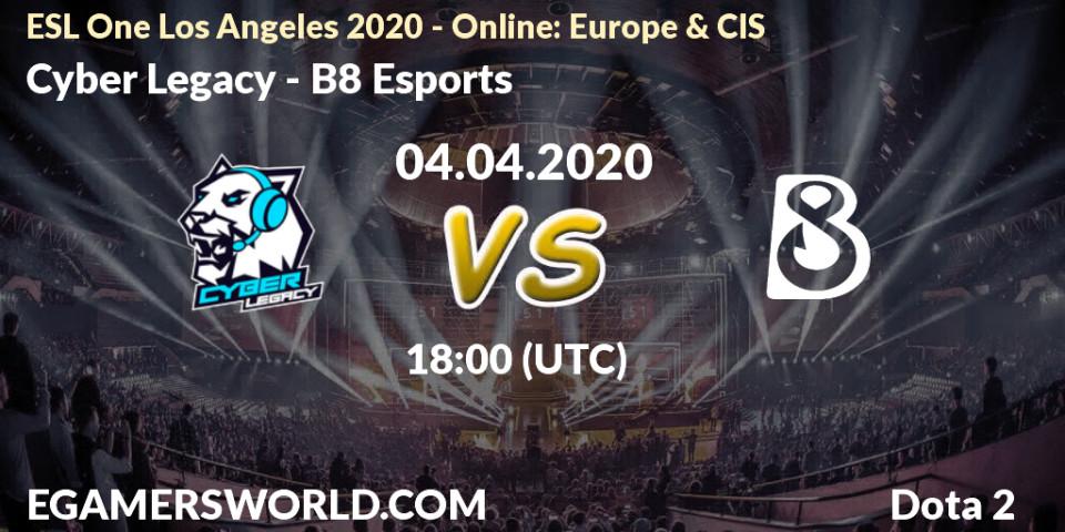 Pronósticos Cyber Legacy - B8 Esports. 04.04.2020 at 17:44. ESL One Los Angeles 2020 - Online: Europe & CIS - Dota 2