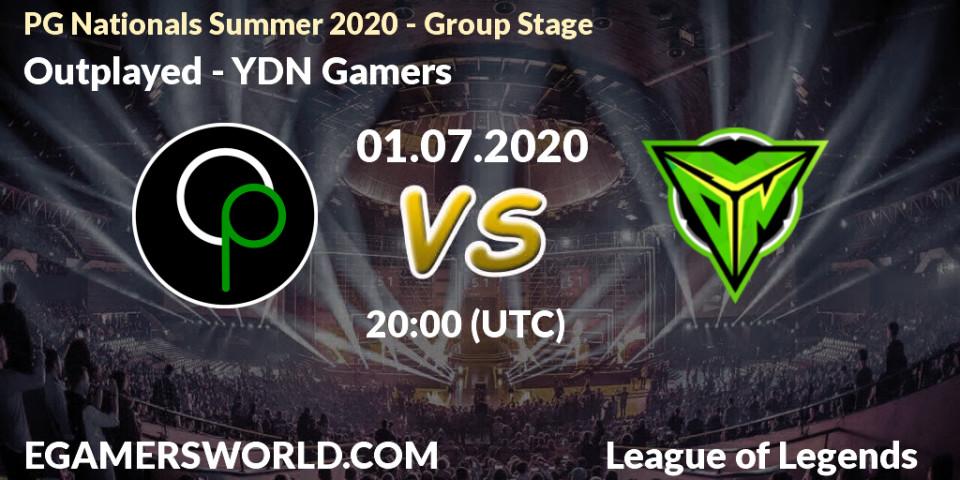 Pronósticos Outplayed - YDN Gamers. 01.07.2020 at 20:00. PG Nationals Summer 2020 - Group Stage - LoL