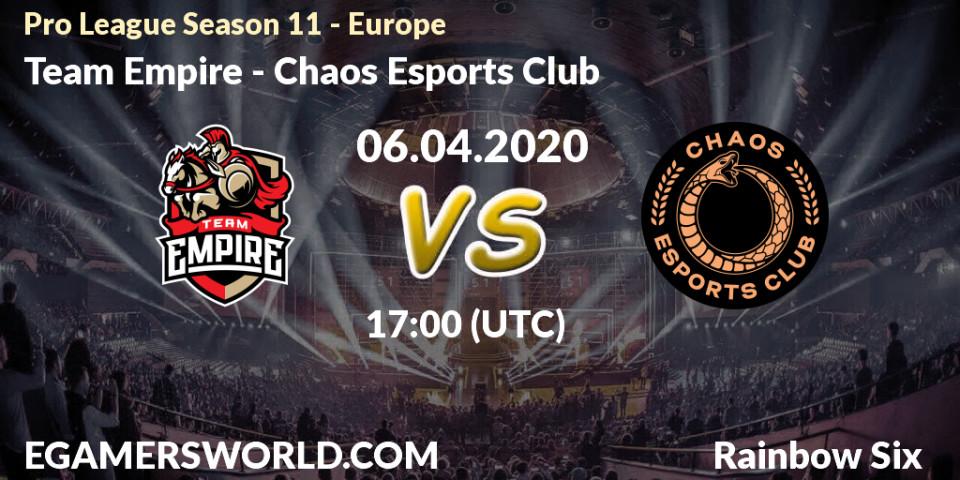 Pronósticos Team Empire - Chaos Esports Club. 06.04.2020 at 17:00. Pro League Season 11 - Europe - Rainbow Six