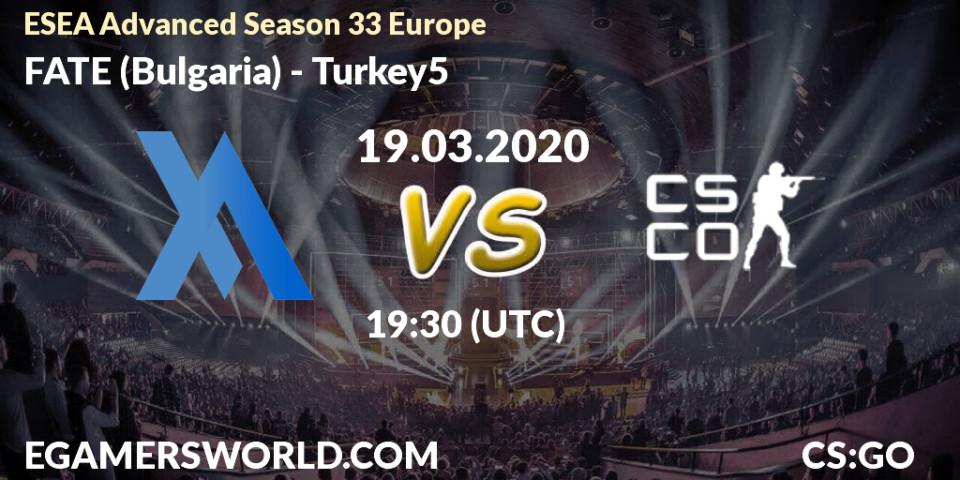 Pronósticos FATE (Bulgaria) - Turkey5. 19.03.2020 at 16:30. ESEA Advanced Season 33 Europe - Counter-Strike (CS2)