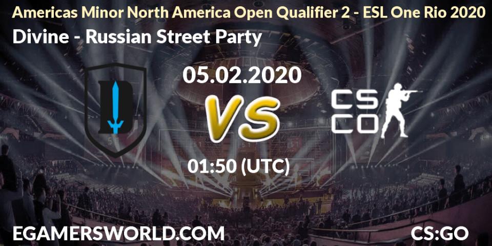 Pronósticos Divine - Russian Street Party. 05.02.2020 at 01:50. Americas Minor North America Open Qualifier 2 - ESL One Rio 2020 - Counter-Strike (CS2)