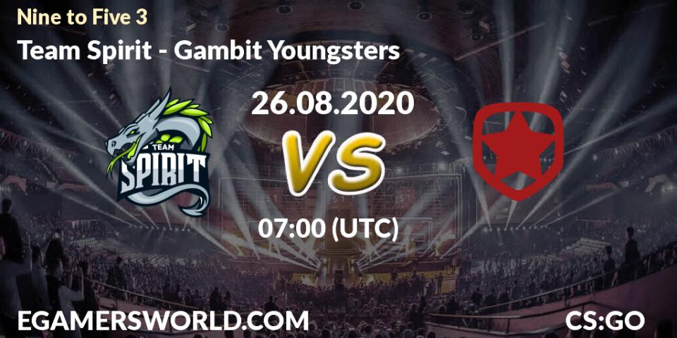 Pronósticos Team Spirit - Gambit Youngsters. 26.08.2020 at 07:00. Nine to Five 3 - Counter-Strike (CS2)