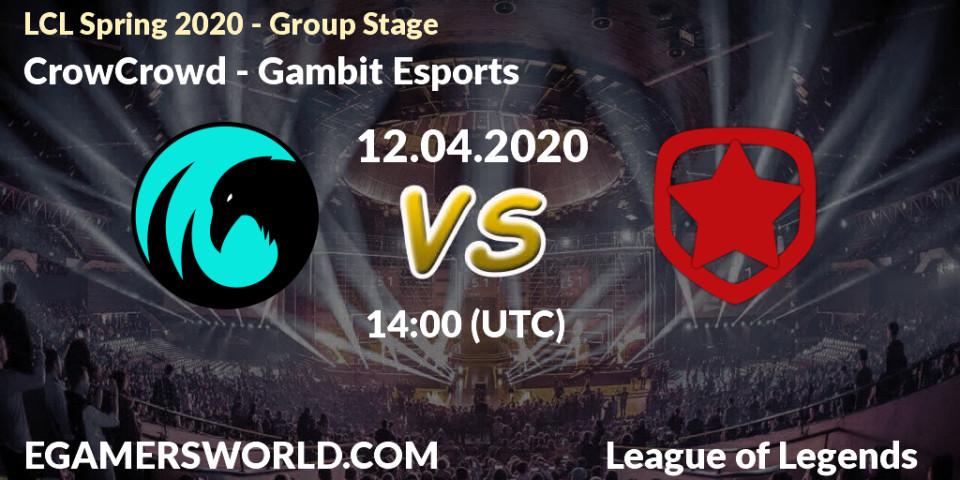 Pronósticos CrowCrowd - Gambit Esports. 12.04.2020 at 14:00. LCL Spring 2020 - Group Stage - LoL