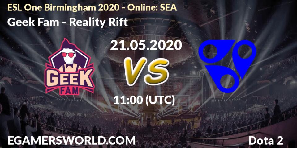 Pronósticos Geek Fam - Reality Rift. 21.05.2020 at 12:20. ESL One Birmingham 2020 - Online: SEA - Dota 2