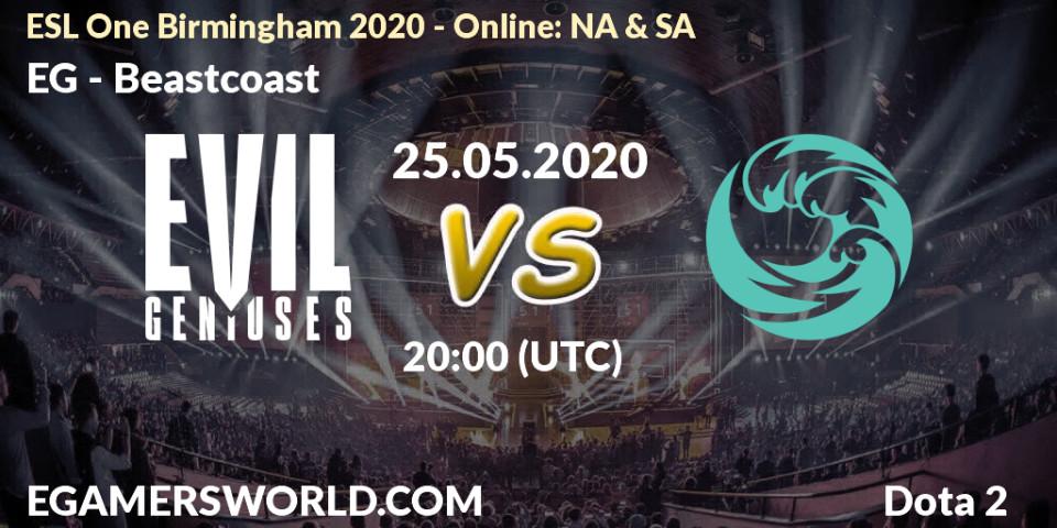 Pronósticos EG - Beastcoast. 29.05.2020 at 17:33. ESL One Birmingham 2020 - Online: NA & SA - Dota 2