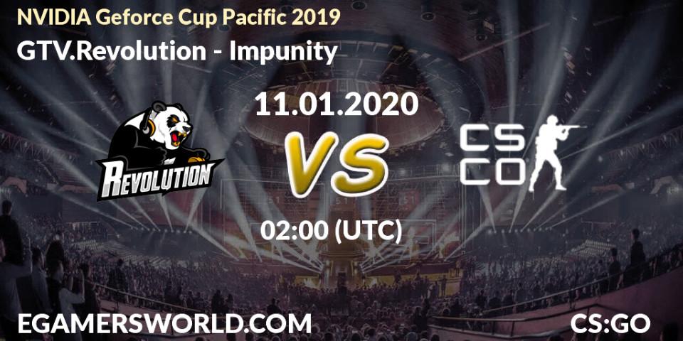 Pronósticos GTV.Revolution - Impunity. 11.01.2020 at 02:30. NVIDIA Geforce Cup Pacific 2019 - Counter-Strike (CS2)