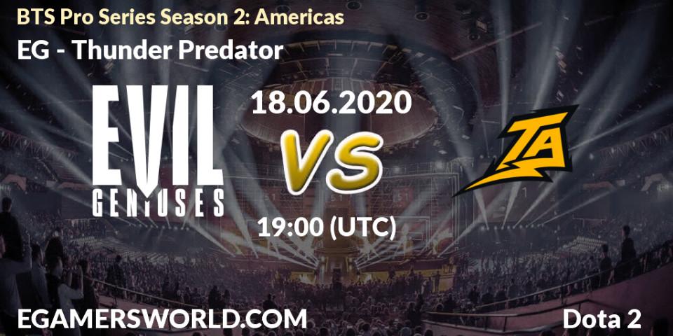 Pronósticos EG - Thunder Predator. 18.06.2020 at 19:00. BTS Pro Series Season 2: Americas - Dota 2