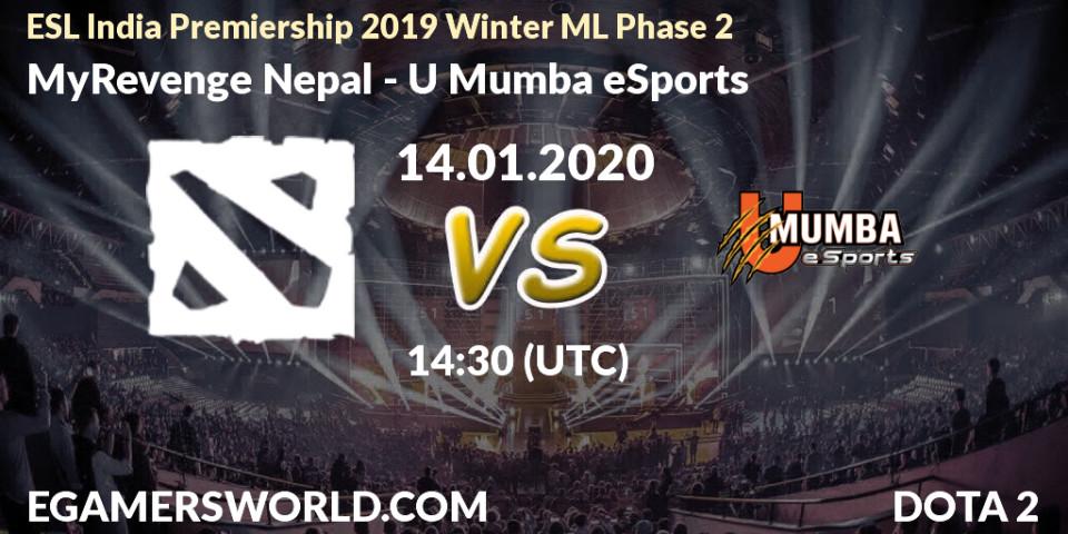 Pronósticos MyRevenge Nepal - U Mumba eSports. 14.01.2020 at 14:57. ESL India Premiership 2019 Winter ML Phase 2 - Dota 2