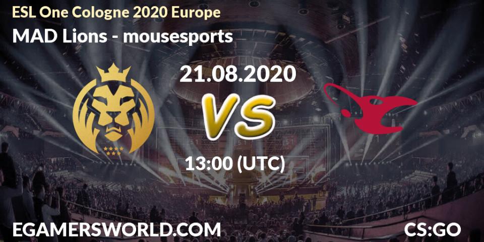 Pronósticos MAD Lions - mousesports. 21.08.2020 at 13:00. ESL One Cologne 2020 Europe - Counter-Strike (CS2)