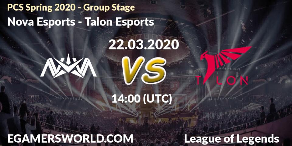 Pronósticos Nova Esports - Talon Esports. 22.03.2020 at 14:45. PCS Spring 2020 - Group Stage - LoL
