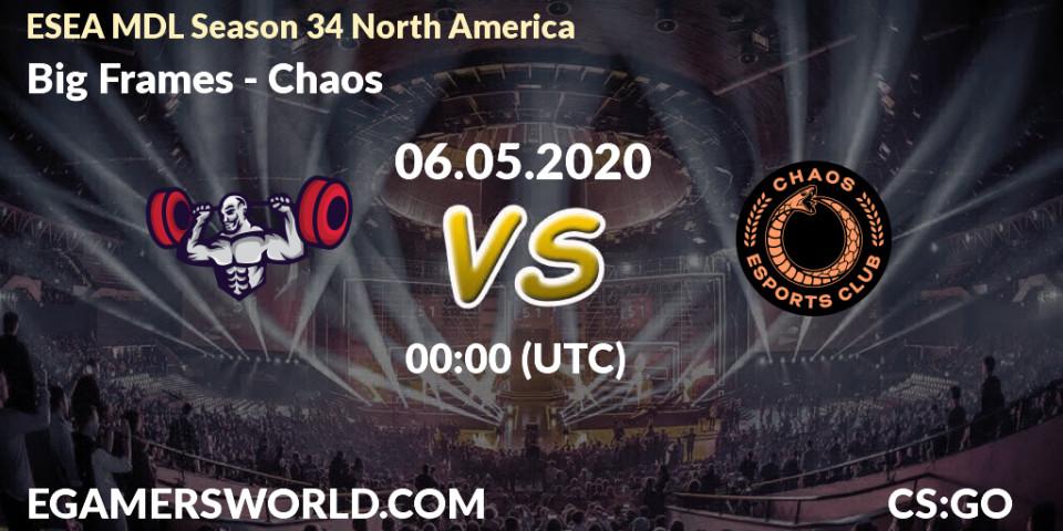 Pronósticos Big Frames - Chaos. 06.05.2020 at 00:30. ESEA MDL Season 34 North America - Counter-Strike (CS2)