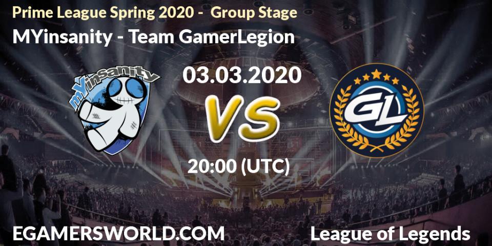 Pronósticos MYinsanity - Team GamerLegion. 03.03.2020 at 18:00. Prime League Spring 2020 - Group Stage - LoL