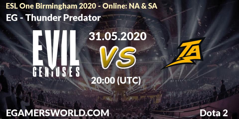 Pronósticos EG - Thunder Predator. 31.05.2020 at 21:12. ESL One Birmingham 2020 - Online: NA & SA - Dota 2