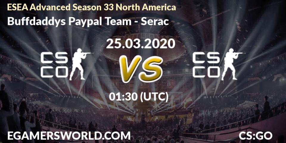 Pronósticos Buffdaddys Paypal Team - Serac. 25.03.2020 at 01:30. ESEA Advanced Season 33 North America - Counter-Strike (CS2)