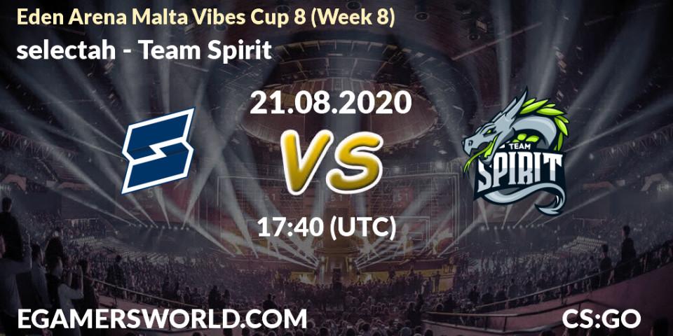 Pronósticos selectah - Team Spirit. 21.08.2020 at 17:40. Eden Arena Malta Vibes Cup 8 (Week 8) - Counter-Strike (CS2)