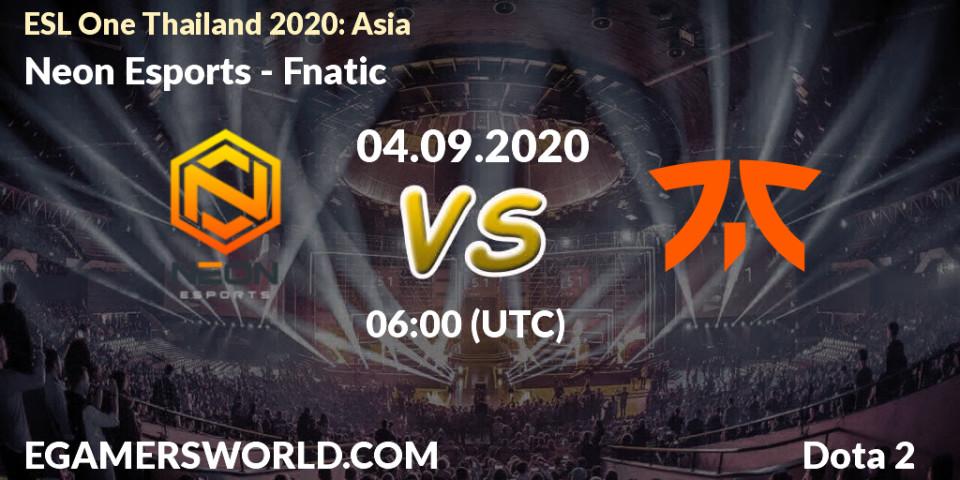 Pronósticos Neon Esports - Fnatic. 04.09.2020 at 06:00. ESL One Thailand 2020: Asia - Dota 2