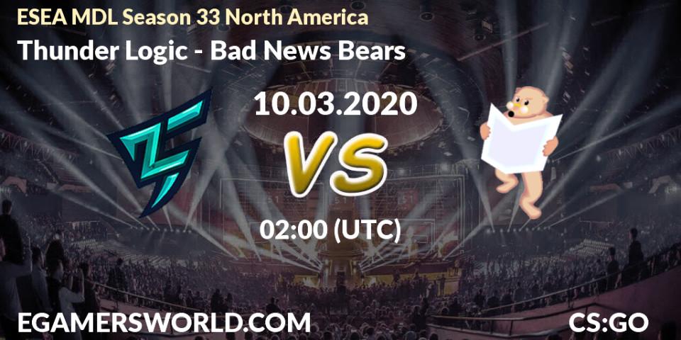 Pronósticos Thunder Logic - Bad News Bears. 10.03.2020 at 02:10. ESEA MDL Season 33 North America - Counter-Strike (CS2)