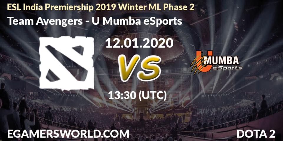 Pronósticos Team Avengers - U Mumba eSports. 12.01.2020 at 14:09. ESL India Premiership 2019 Winter ML Phase 2 - Dota 2