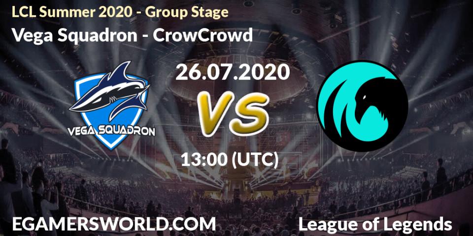 Pronósticos Vega Squadron - CrowCrowd. 26.07.2020 at 13:00. LCL Summer 2020 - Group Stage - LoL