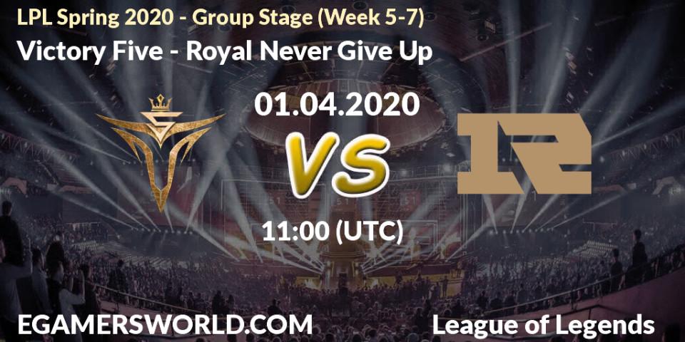 Pronósticos Victory Five - Royal Never Give Up. 01.04.2020 at 10:30. LPL Spring 2020 - Group Stage (Week 5-7) - LoL