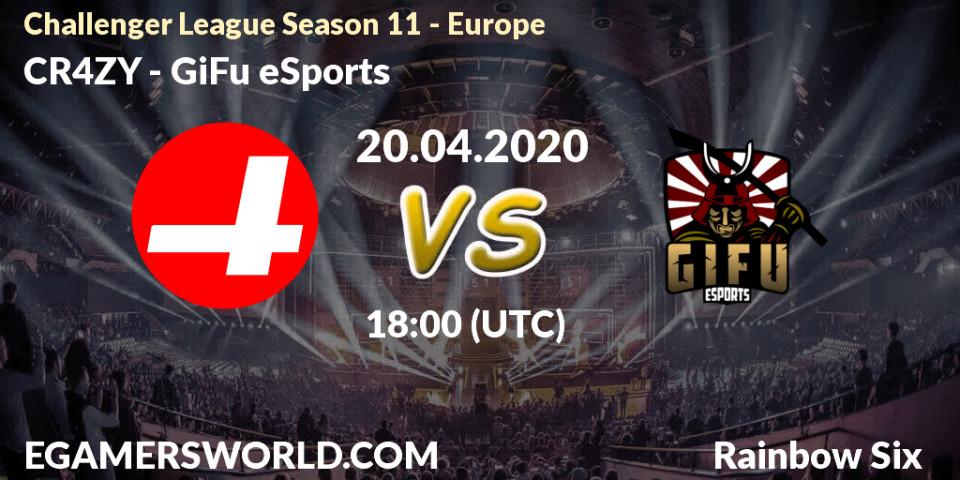 Pronósticos CR4ZY - GiFu eSports. 20.04.2020 at 18:00. Challenger League Season 11 - Europe - Rainbow Six