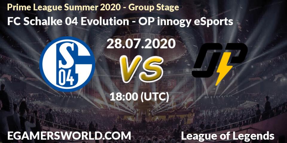 Pronósticos FC Schalke 04 Evolution - OP innogy eSports. 28.07.2020 at 17:50. Prime League Summer 2020 - Group Stage - LoL