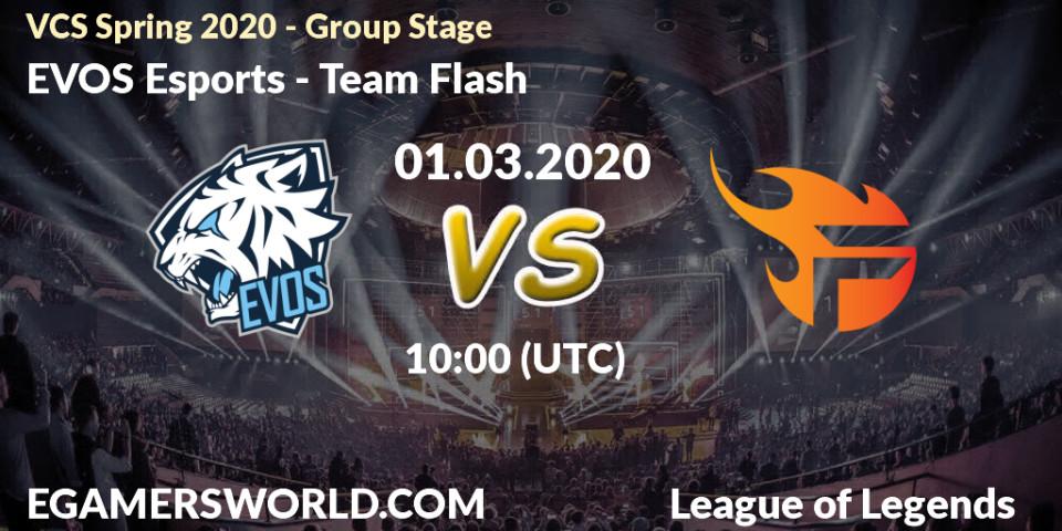 Pronósticos EVOS Esports - Team Flash. 01.03.2020 at 09:54. VCS Spring 2020 - Group Stage - LoL