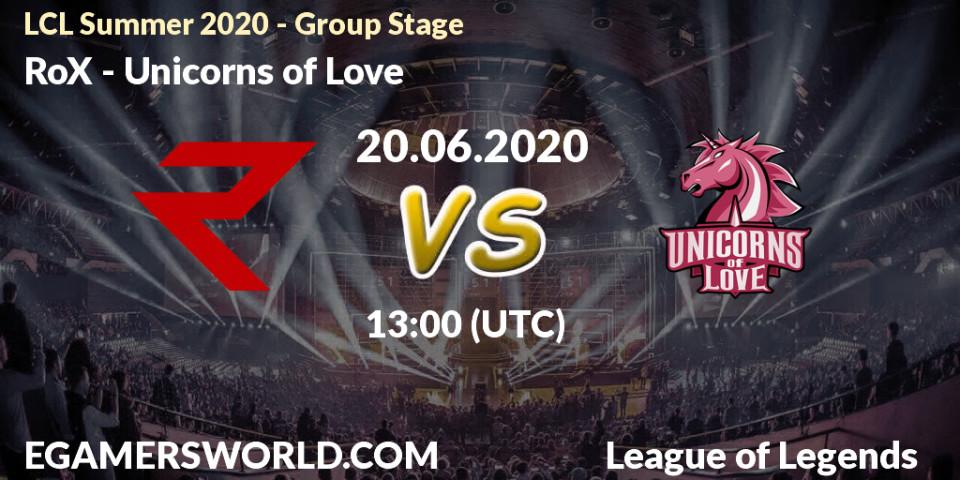 Pronósticos RoX - Unicorns of Love. 20.06.2020 at 13:00. LCL Summer 2020 - Group Stage - LoL