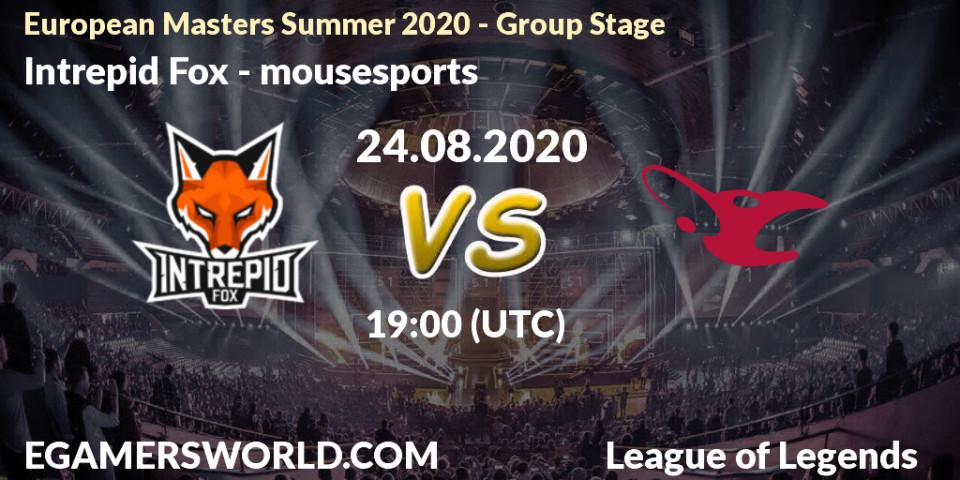 Pronósticos Intrepid Fox - mousesports. 24.08.2020 at 19:00. European Masters Summer 2020 - Group Stage - LoL