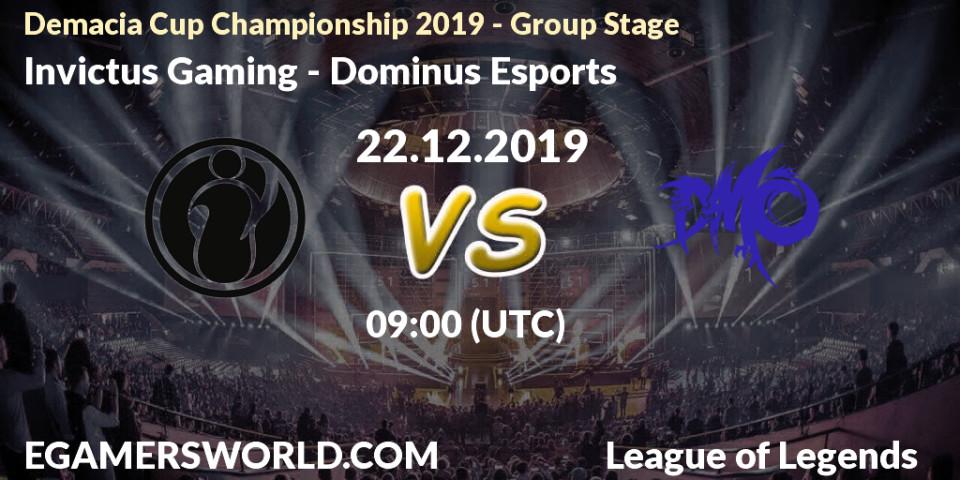 Pronósticos Invictus Gaming - Dominus Esports. 22.12.2019 at 09:00. Demacia Cup Championship 2019 - Group Stage - LoL