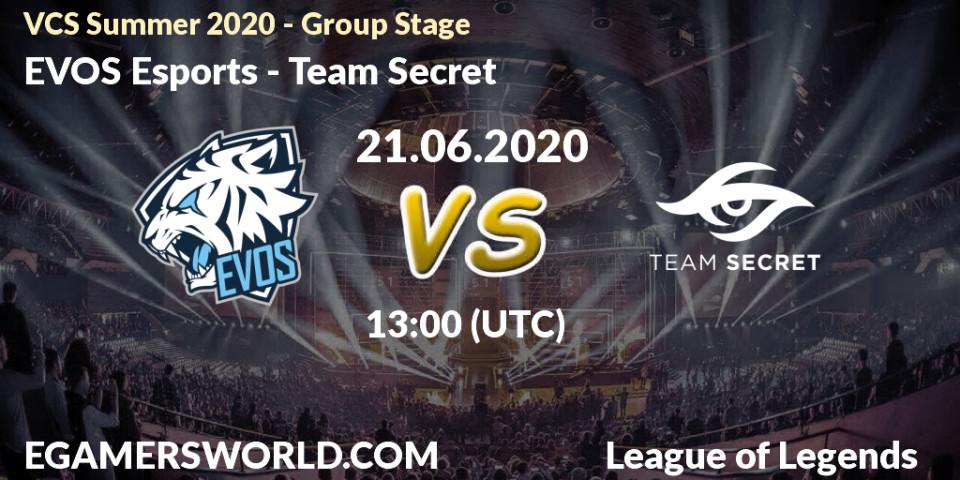 Pronósticos EVOS Esports - Team Secret. 21.06.2020 at 12:10. VCS Summer 2020 - Group Stage - LoL